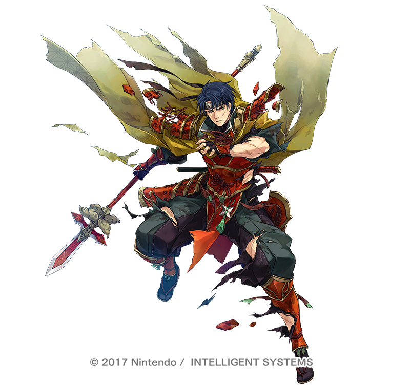 1boy armor black_gloves black_hair cape copyright_notice cuts damaged fingerless_gloves fire_emblem fire_emblem:_radiant_dawn fire_emblem_heroes gloves hagiya_kaoru headband holding holding_polearm holding_weapon injury japanese_armor japanese_clothes male_focus nintendo official_alternate_costume official_art pelvic_curtain polearm short_hair shoulder_armor solo torn_cape torn_clothes v-shaped_eyebrows weapon white_background yellow_cape zelgius_(fire_emblem) zelgius_(ninja)_(fire_emblem)