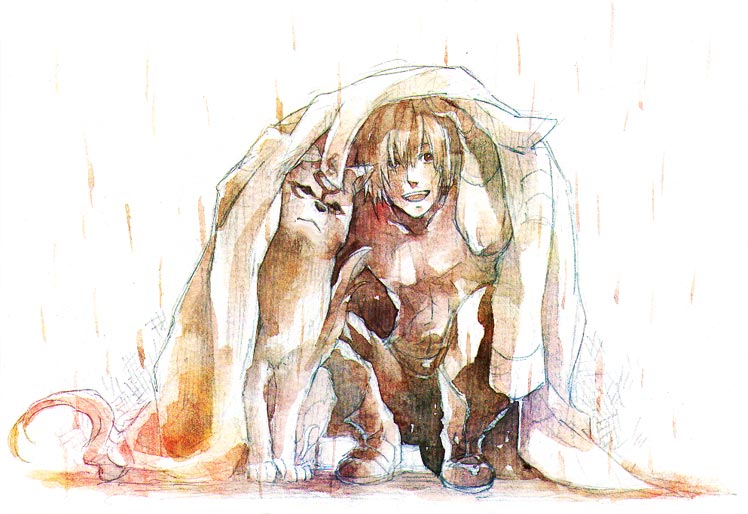 1boy 23262 amaterasu_(ookami) animal black_eyes black_pants capcom commentary_request crossover dante_(devil_may_cry) devil_may_cry_(series) full_body holster kurosu marvel_vs._capcom marvel_vs._capcom_3 medium_hair ookami_(game) painting_(medium) pants simple_background smile traditional_media watercolor_(medium) white_background white_hair white_wolf wolf