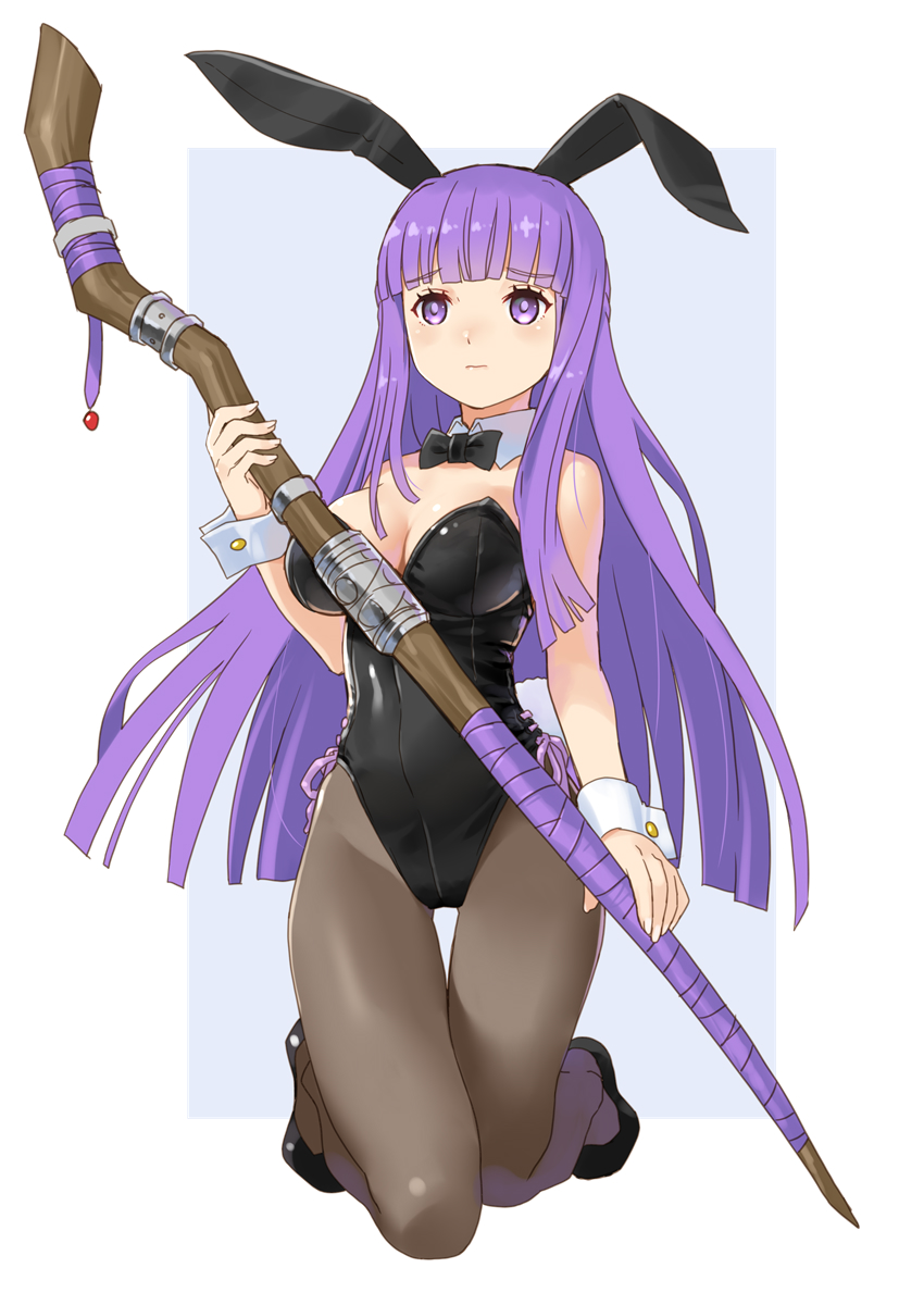 1girl animal_ears bow bowtie breasts detached_collar expressionless fern_(sousou_no_frieren) full_body high_heels highres holding holding_staff katahira_masashi kneeling large_breasts leotard long_hair pantyhose playboy_bunny purple_eyes purple_hair rabbit_ears solo sousou_no_frieren staff strapless strapless_leotard thigh_gap wrist_cuffs