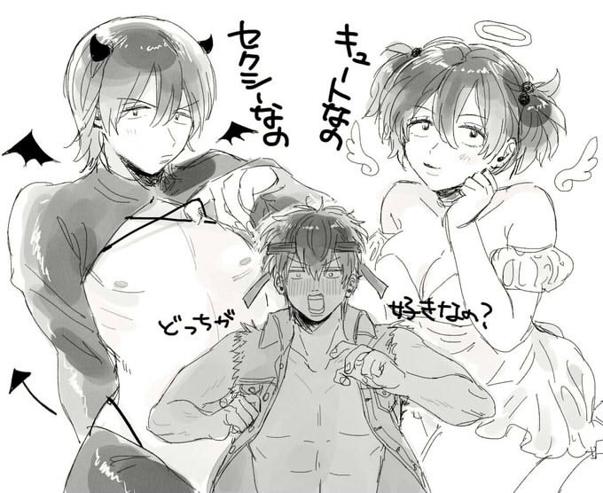 1girl 2boys abs angel_wings bare_shoulders cleavage_cutout clothing_cutout commentary_request demon_boy demon_horns demon_tail genderswap genderswap_(mtf) gintama hair_between_eyes halo headband hijikata_toushirou horns monochrome multiple_boys nipples open_clothes partial_commentary se0h tail torn_clothes torn_sleeves translation_request twintails wings yamazaki_sagaru yamazaki_shisako