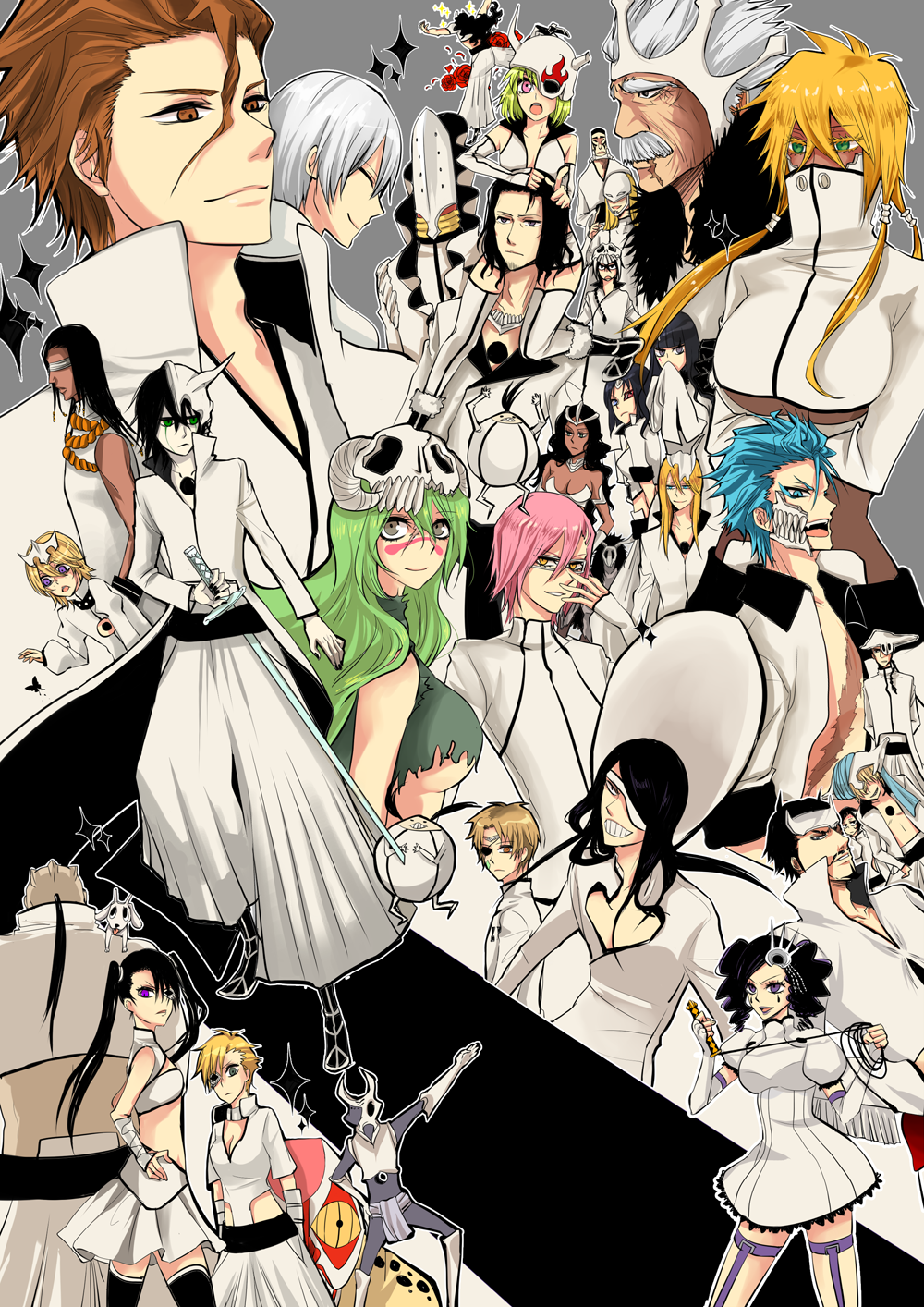 6+boys 6+girls aaroniero_arruruerie aizen_sousuke animal animal_on_shoulder annotated apu arrancar ayon bad_id bad_pixiv_id baraggan_louisenbairn black_hair bleach blindfold blonde_hair blue_hair breasts brown_eyes brown_hair charlotte_chuhlhourne choe_neng_poww cirucci_sanderwicci cleavage coyote_starrk cyan_sung-sun dark_skin di_roy_rinker dog dondochakka_birstanne dordoni_alessandro_del_socaccio dress emilou_apacci everyone eyepatch closed_eyes facial_hair facial_mark findorr_calius flower franceska_mila_rose ggio_vega glasses goatee green_eyes green_hair grey_eyes grimmjow_jaegerjaquez hair_ornament helmet heterochromia highres horns ichimaru_gin kukkapuuro large_breasts legwear_garter lilynette_gingerbuck loincloth loly_aivirrne long_hair lumina luppi_antenor mask medium_breasts menoly_mallia midriff multiple_boys multiple_girls mustache nelliel_tu_odelschwanck nnoitra_gilga pale_skin pesche_guatiche pink_hair purple_eyes purple_hair red_eyes red_flower red_rose rose scar shawlong_koufang short_hair short_twintails shueisha silver_hair skull small_breasts smile sparkle sword szayelaporro_granz tesra_lindocruz thighhighs tier_harribel torn_clothes tousen_kaname twintails ulquiorra_cifer underboob verona weapon whip wonderweiss_margela yammy_llargo yellow_eyes yylfordt_granz