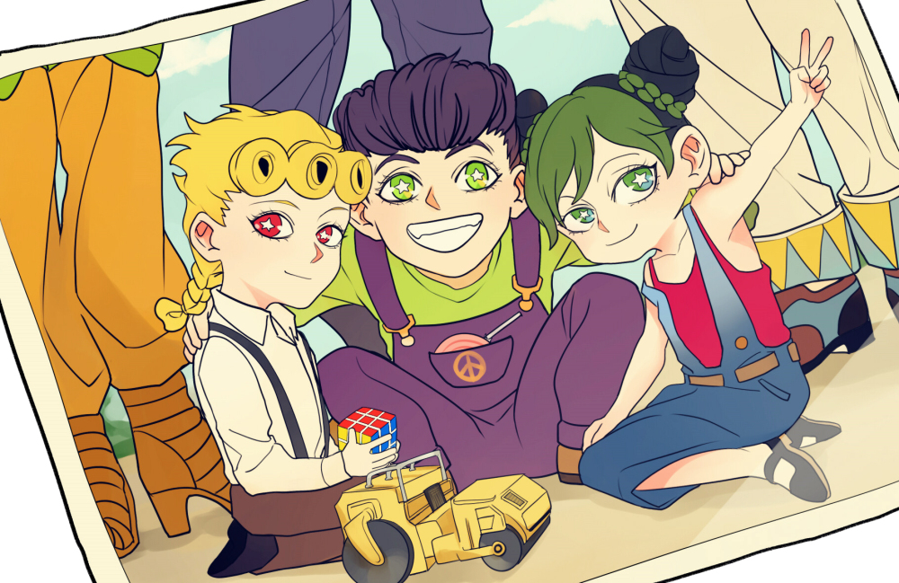1girl 5boys battle_tendency black_hair blonde_hair child diamond_wa_kudakenai dio_brando double_bun father_and_daughter father_and_son giorno_giovanna green_eyes green_hair hair_bun higashikata_josuke high_heels jojo_no_kimyou_na_bouken joseph_joestar joseph_joestar_(young) kilva_lollop kuujou_jolyne kuujou_joutarou legs meme multicolored_hair multiple_boys off_shoulder out_of_frame overalls pants photo_(object) purple_hair red_eyes road_roller_da!_(meme) rubik&#039;s_cube star-shaped_pupils star_(symbol) stardust_crusaders steamroller stone_ocean suspenders symbol-shaped_pupils time_paradox two-tone_hair v vento_aureo yellow_pants