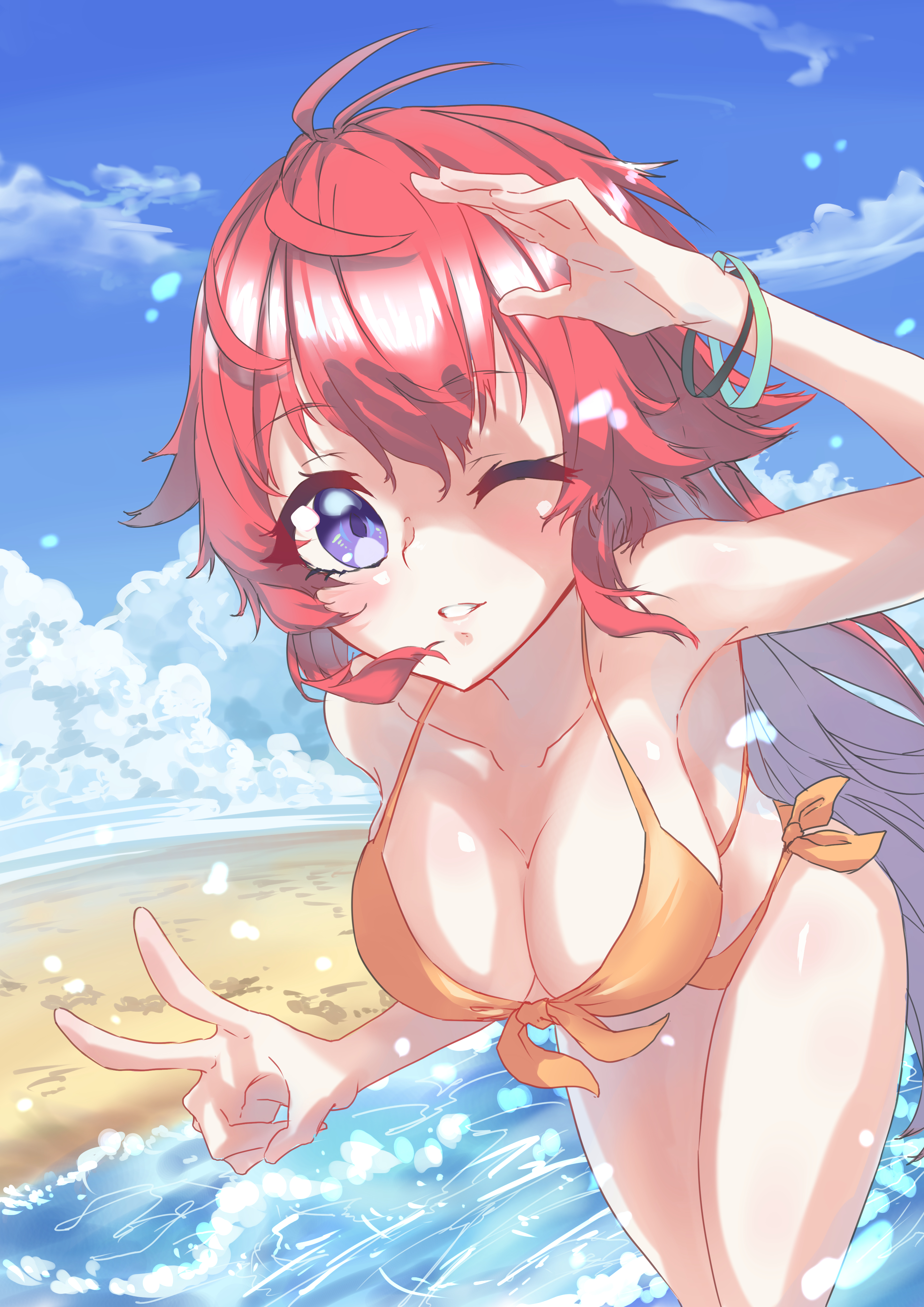 1girl absurdres beach bikini blue_sky breasts cleavage day eshineko highres large_breasts leaning_forward long_hair looking_at_viewer mizuho_saiki ocean one_eye_closed outdoors purple_eyes red_hair sky solo super_robot_wars super_robot_wars_reversal swimsuit v very_long_hair water yellow_bikini