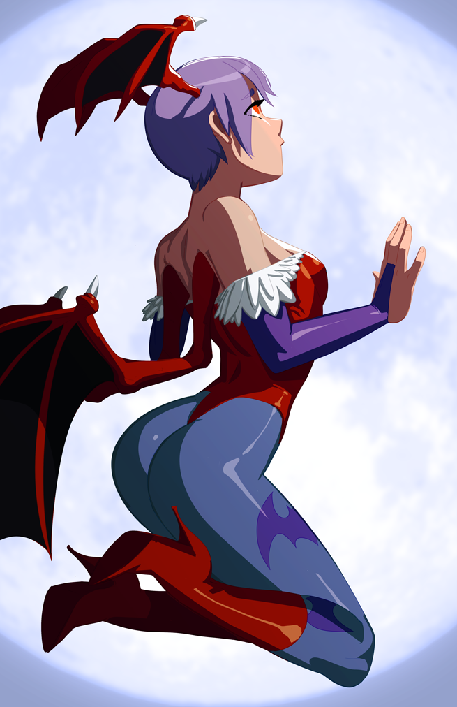 1girl animal_print ass bare_shoulders bat_print bat_wings boots capcom darkstalkers demon_girl female_focus head_wings high_heel_boots high_heels lilith_(darkstalkers) morganagod pantyhose print_pantyhose purple_hair red_eyes red_heels short_hair solo wings