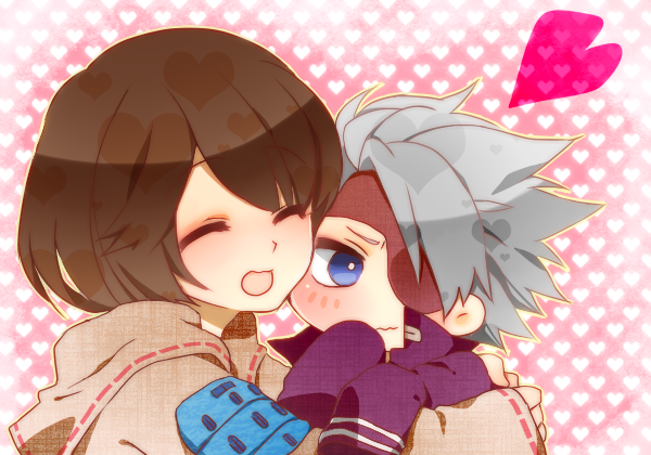 1boy 1girl :d ^_^ blue_eyes blush brown_hair brown_sailor_collar brown_shirt chibi chousokabe_motochika_(sengoku_basara) closed_eyes eyepatch grey_hair heart heart_background hug looking_to_the_side mokaroko open_mouth pink_background portrait sailor_collar sengoku_basara shirt short_hair sleeves_past_wrists smile tsuruhime_(sengoku_basara) wavy_mouth