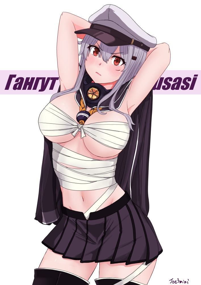 1girl armpits arms_up black_thighhighs blush breasts budget_sarashi cosplay facial_scar female_focus gangut_(kancolle) grey_hair hair_between_eyes hat jouzaburou_(joe3) kantai_collection large_breasts long_hair looking_at_viewer military_hat musashi_(kancolle) musashi_(kancolle)_(cosplay) musashi_kai_(kancolle) navel peaked_cap pleated_skirt red_eyes sarashi scar scar_on_cheek scar_on_face simple_background skirt solo thighhighs white_background