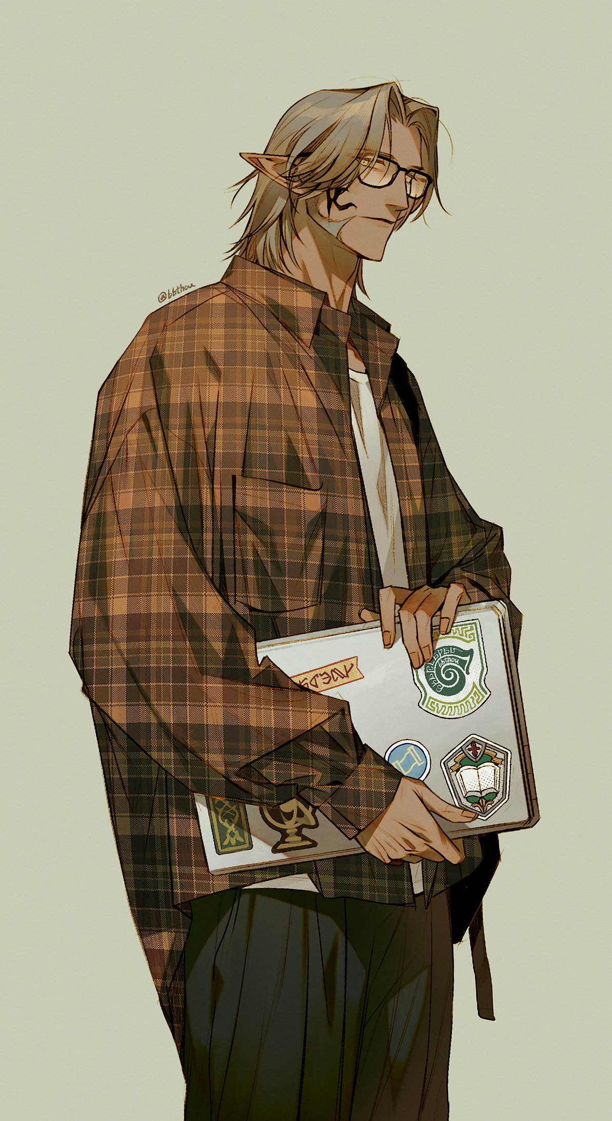 1boy alternate_costume bbthou bespectacled black-framed_eyewear black_pants brown_hair brown_shirt collared_shirt commentary_request computer contemporary cowboy_shot elezen elf expressionless eyes_visible_through_hair facial_tattoo final_fantasy final_fantasy_xiv flannel from_side glasses highres holding holding_laptop korean_commentary laptop long_sleeves looking_at_viewer male_focus medium_hair pants pointy_ears shirt sideburns signature simple_background solo standing sticker tattoo twitter_username unmoving_pattern urianger_augurelt white_shirt yellow_background yellow_eyes