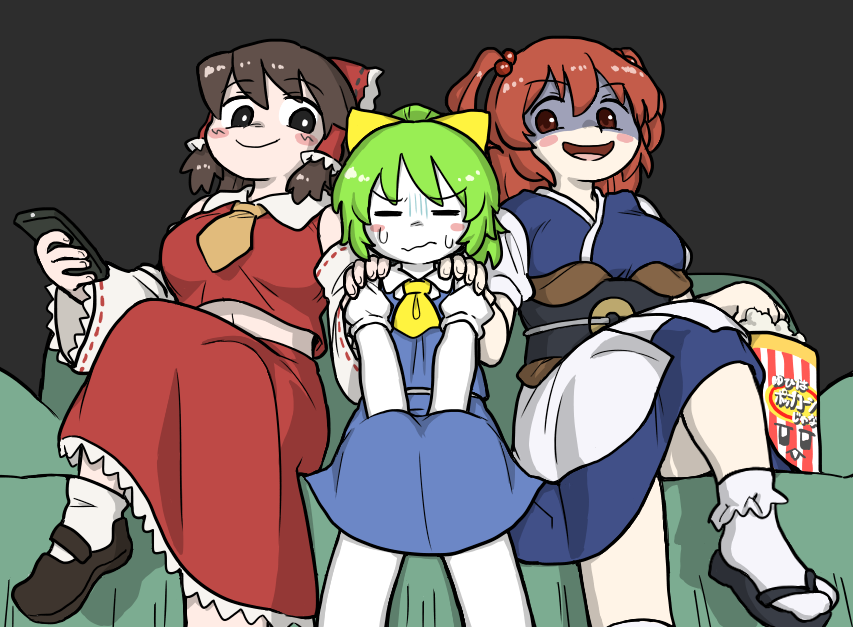 3girls ascot black_background black_eyes black_footwear black_sash blue_dress blue_skirt blue_vest blush_stickers bow breasts brown_hair brown_necktie bseibutsu closed_mouth colored_skin commentary_request controller cookie_(touhou) couch daiyousei detached_sleeves diyusi_(cookie) dress food foot_out_of_frame frilled_bow frilled_hair_tubes frilled_skirt frills hair_bobbles hair_bow hair_ornament hair_tubes hakurei_reimu hand_on_another&#039;s_shoulder holding holding_remote_control large_breasts long_hair looking_at_another looking_to_the_side mary_janes midriff multiple_girls necktie noel_(cookie) obi onozuka_komachi open_mouth popcorn red_bow red_eyes red_hair red_shirt red_skirt remote_control ribbon-trimmed_sleeves ribbon_trim sandals sash shaded_face shirt shishou_(cookie) shoes short_hair sidelocks skirt skirt_set sleeveless sleeveless_shirt smile socks touhou two_side_up vest wavy_mouth white_shirt white_skin white_sleeves white_socks yellow_ascot yellow_bow yuuhi_(cookie) zouri