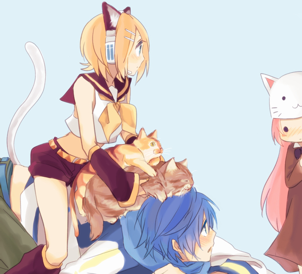 1boy 2girls akiyoshi_(tama-pete) animal animal_ears animal_on_head bad_id bad_pixiv_id blush cat cat_ears cat_on_head cat_tail kagamine_rin kaito_(vocaloid) long_hair megurine_luka megurine_luka_(toeto) multiple_girls on_head peeking_out tail toeto_(vocaloid) vocaloid