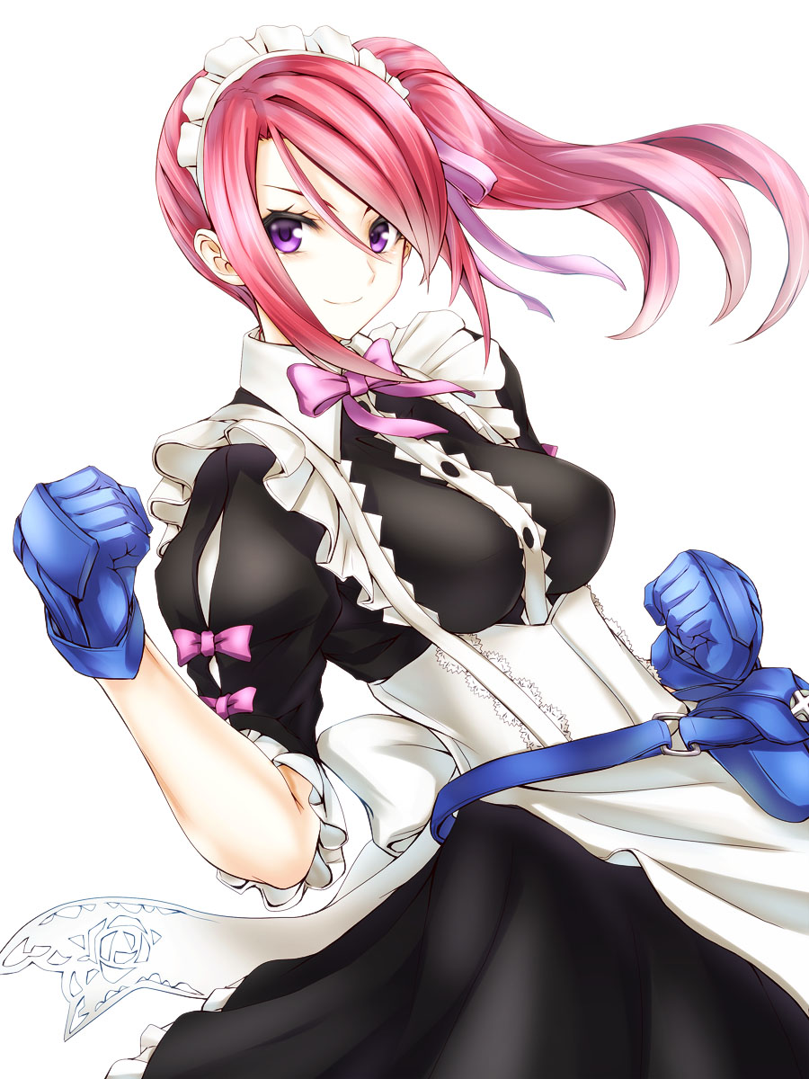 &gt;:) 1girl 7th_dragon_(series) 7th_dragon_iii bag bow bowtie breasts clenched_hands commentary female_focus gloves god-hand_(7th_dragon) highres kurokawa_(silve) long_hair looking_at_viewer maid maid_headdress medium_breasts pink_hair purple_eyes side_ponytail simple_background smile solo v-shaped_eyebrows white_background