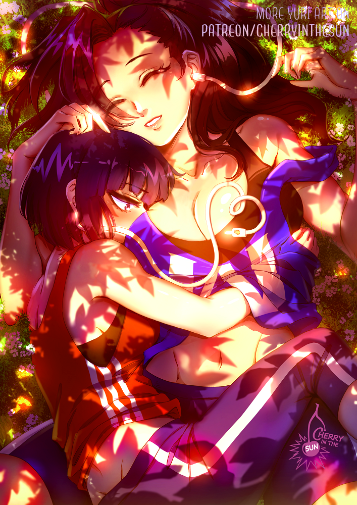 2girls artist_name audio_jack bare_shoulders black_hair black_sports_bra blue_hair blue_pants boku_no_hero_academia breasts cherry_in_the_sun closed_eyes commentary dappled_sunlight english_commentary jiro_kyoka large_breasts long_hair lying lying_on_person multiple_girls navel on_grass pants parted_lips ponytail red_shirt shirt short_hair sports_bra sunlight teeth u.a._gym_uniform watermark web_address yaoyorozu_momo yuri