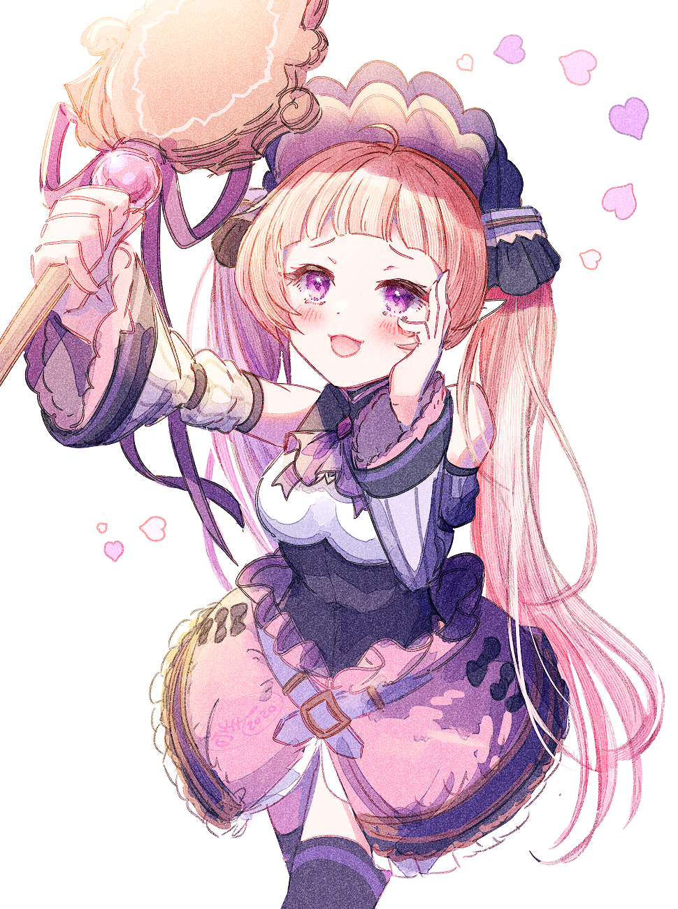 1boy ahoge artist_request blonde_hair blush chest_jewel detached_sleeves elf frilled_skirt frilled_sleeves frills hair_ornament hand_mirror hand_on_own_cheek hand_on_own_face headdress heart hime_cut long_hair looking_at_mirror looking_at_self mirror open_mouth pink_skirt pointy_ears princess_connect! purple_eyes simple_background skirt source_request thighhighs trap twintails very_long_hair white_background yuki_(princess_connect!) zettai_ryouiki