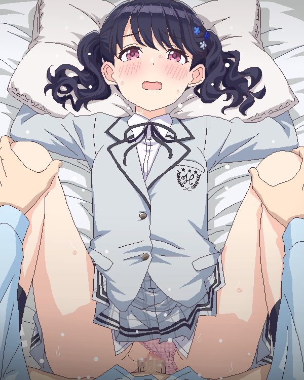 1boy 1girl bed_sheet black_hair censored clothed_sex clothing_aside commentary_request fukumaru_koito grey_jacket grey_skirt idolmaster idolmaster_shiny_colors jacket long_sleeves looking_at_viewer lying missionary mosaic_censoring on_back panties panties_aside penis pillow pink_panties plaid_clothes plaid_panties pov pussy school_uniform sex short_hair skirt solo_focus tomu_(tomubobu) twintails underwear vaginal