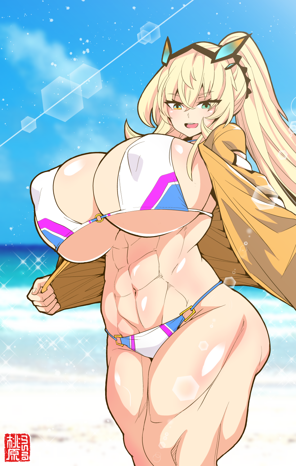 1girl abs barghest_(fate) barghest_(swimsuit_archer)_(fate) barghest_(swimsuit_archer)_(final_ascension)_(fate) barghest_(swimsuit_archer)_(first_ascension)_(fate) beach bikini blonde_hair blue_sky blush breasts cleavage fate/grand_order fate_(series) green_eyes high_ponytail highres horns huge_breasts long_hair looking_at_viewer momohara_rile multicolored_bikini muscular muscular_female navel open_mouth ponytail shirt shore short_sleeves sidelocks sky smile solo swimsuit thick_thighs thighs white_bikini yellow_shirt