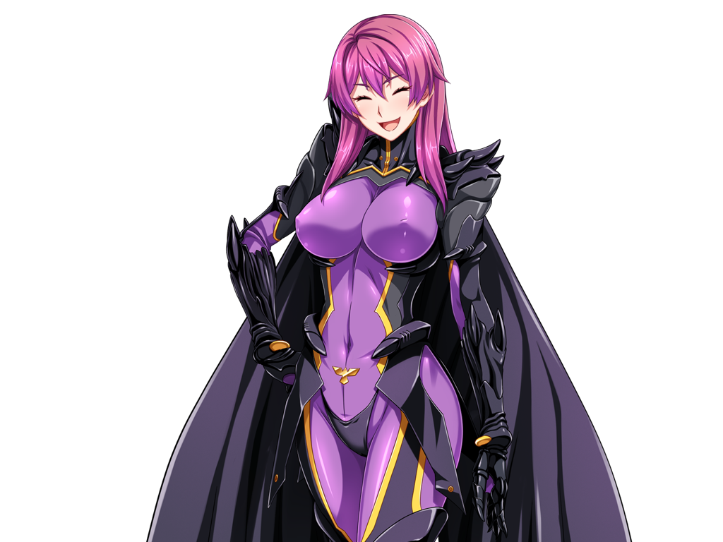1girl :d armor bodysuit breasts cape closed_eyes covered_erect_nipples covered_navel dark_reica game_cg gauntlets gentle_sasaki hand_on_own_hip large_breasts large_variant_set long_hair mole mole_under_eye non-web_source official_art open_mouth pink_hair purple_bodysuit purple_hair shindou_hatsune skin_tight smile solo soukou_senki_prism_reica standing transparent_background variant_set