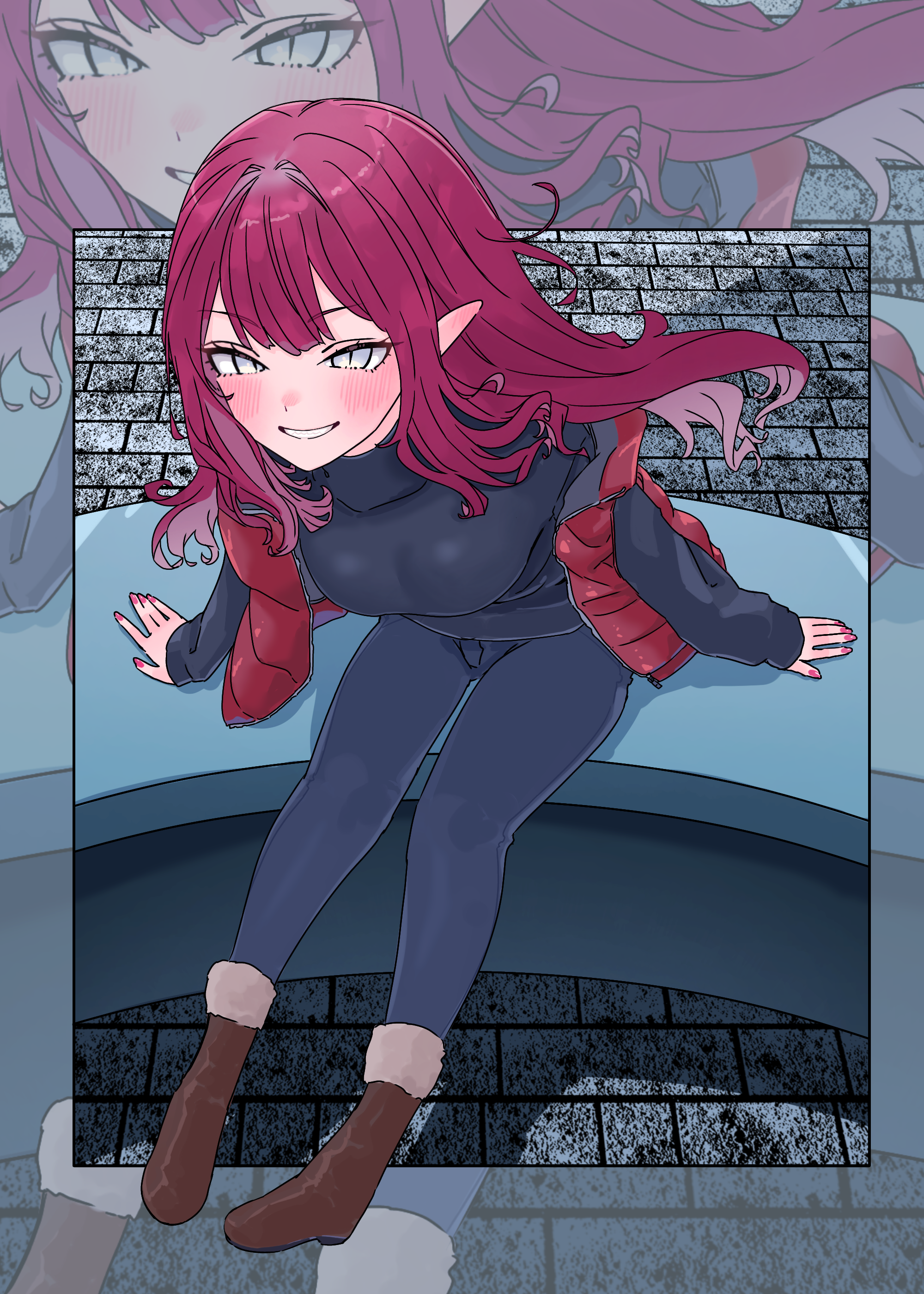 1girl absurdres baobhan_sith_(fate) black_pants black_sweater blush boots breasts brown_boots fate/grand_order fate_(series) grey_eyes grin highres large_breasts long_hair long_sleeves looking_at_viewer niwaikanai pants pink_hair pointy_ears red_vest sidelocks sitting smile solo sweater vest