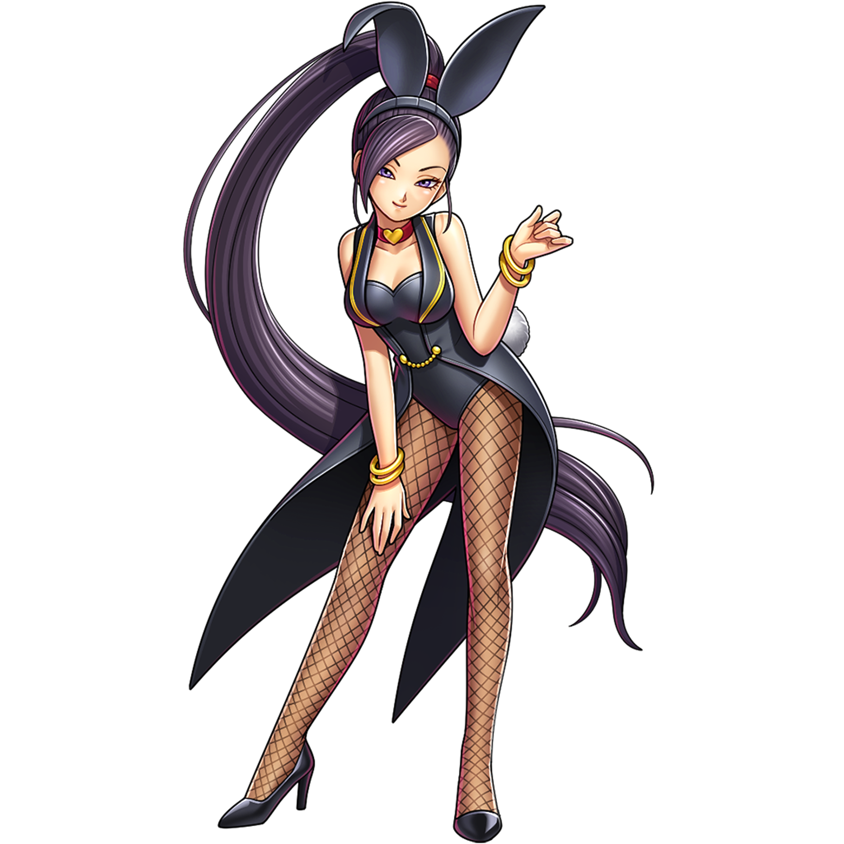 1girl animal_ear_hairband animal_ears artist_request black_hairband black_leotard black_tailcoat bracelet breasts brown_pantyhose choker dragon_quest dragon_quest_rivals dragon_quest_xi fake_animal_ears fake_tail fishnet_pantyhose fishnets floating_clothes floating_hair full_body game_cg gold_bracelet hairband hand_on_own_knee heart heart_choker high_heels high_ponytail highres jewelry leotard looking_at_viewer martina_(dq11) medium_breasts official_alternate_costume official_art pantyhose ponytail purple_eyes purple_hair rabbit_ears rabbit_tail smile solo tail tailcoat_playboy_bunny third-party_source transparent_background