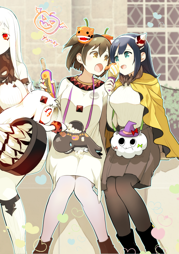 4girls :d abyssal_ship ahoge alternate_costume bench black_hair black_legwear blue_eyes blurry brown_eyes brown_hair building carrying carrying_person casual claws colored_skin cosplay depth_of_field detached_sleeves enemy_aircraft_(kancolle) fake_horns food hairband halloween halloween_costume hiryuu_(kancolle) holding horns i-class_destroyer ice_cream ice_cream_cone kantai_collection long_hair midway_hime_(cosplay) midway_princess miss_cloud mittens multiple_girls northern_ocean_hime_(cosplay) northern_ocean_princess open_mouth pantyhose park_bench pleated_skirt red_eyes seaport_water_oni short_hair single_horn sitting size_difference skirt smile souryuu_(kancolle) white_hair white_legwear white_skin yuzuki_yuno