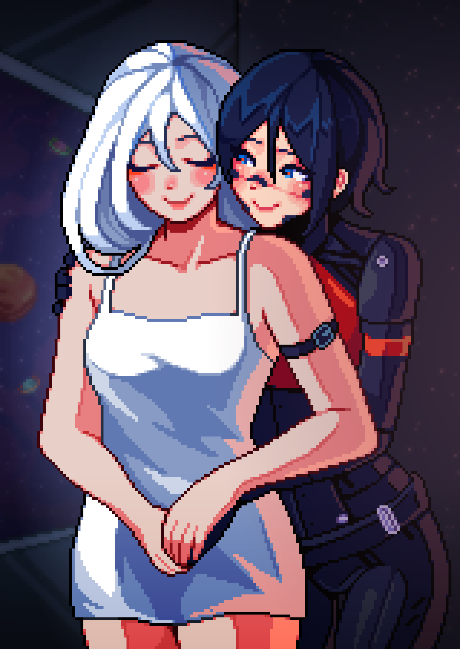 2girls ariane_yeong aseprite_(medium) blue_eyes blue_hair blush closed_eyes collarbone commentary cowboy_shot elster_(signalis) english_commentary hand_on_another&#039;s_shoulder highres looking_at_another multiple_girls pixel_art planet red_pupils short_hair signalis smile space white_hair yumykon yuri