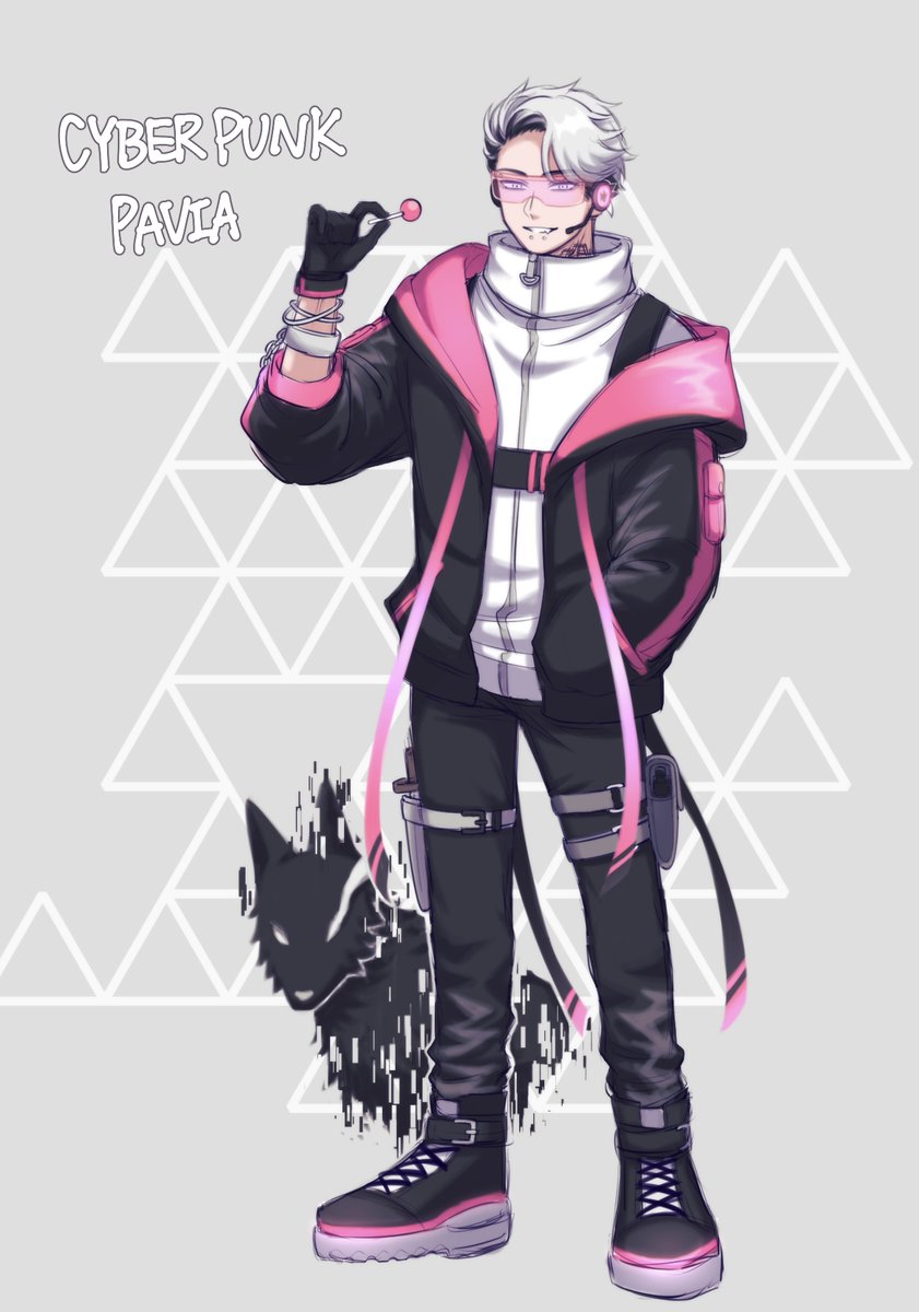 1boy 39999m black_gloves black_jacket black_pants black_shoes bracelet candy food full_body glitch gloves goggles grey_background grin hand_in_pocket hand_up headset highres holding holding_candy holding_food holding_lollipop holster jacket jewelry legs_apart lollipop long_sleeves looking_at_viewer male_focus pants pavia_(reverse:1999) pink-tinted_eyewear reverse:1999 shirt shoes short_hair smile sneakers solo standing thigh_holster tinted_eyewear triangle_background white_shirt wolf