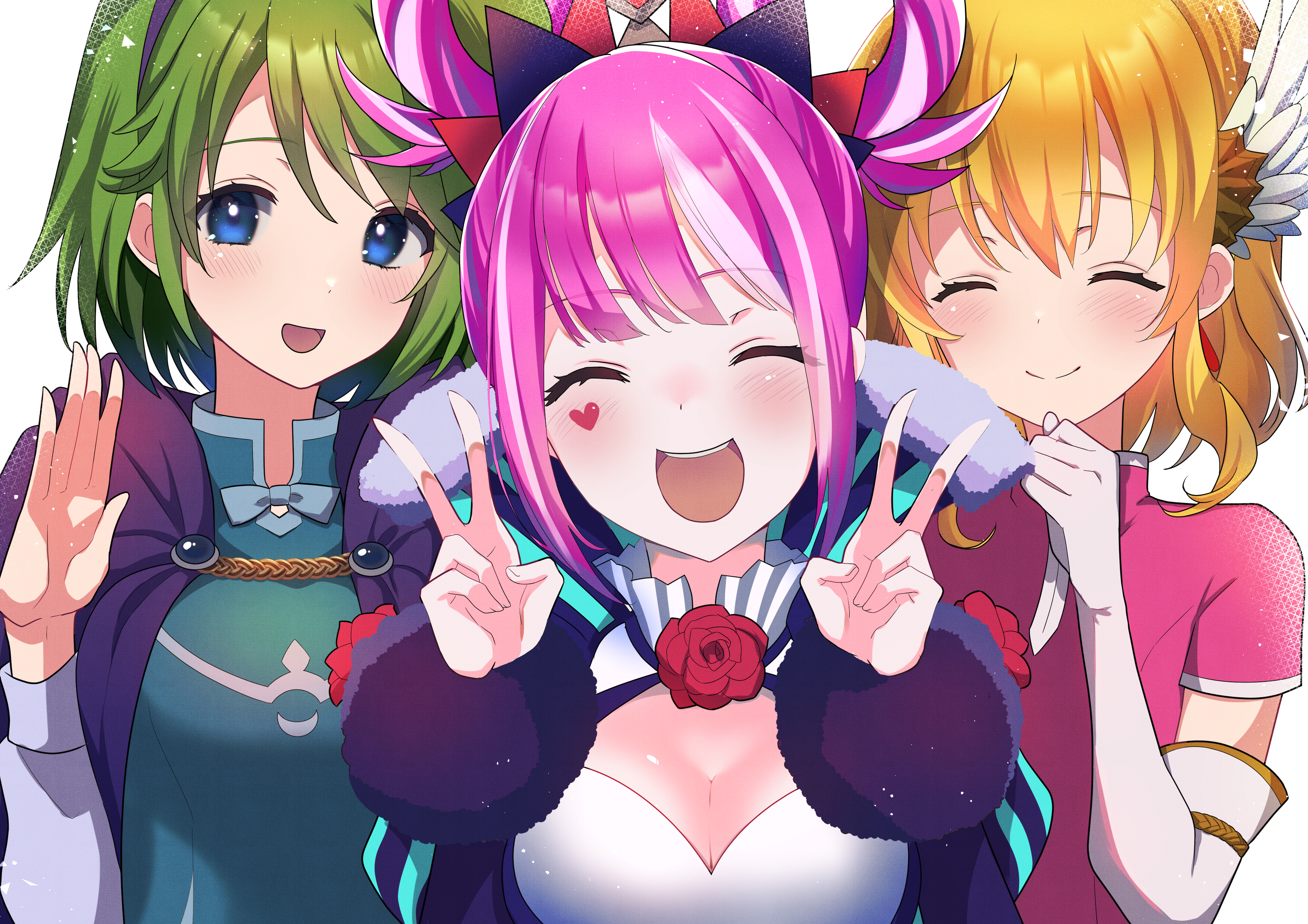 3girls :d absurdres azusa_(azchemist63) blonde_hair blue_eyes blush breasts cape cleavage closed_eyes closed_mouth cross-laced_clothes cross-laced_dress double_v dress elbow_gloves facial_mark fire_emblem fire_emblem:_genealogy_of_the_holy_war fire_emblem:_the_blazing_blade fire_emblem_engage flower folded_twintails gloves green_hair hair_flaps hair_ornament hair_rings hairband heart heart_facial_mark highres hortensia_(fire_emblem) long_sleeves looking_at_viewer multicolored_hair multiple_girls nanna_(fire_emblem) nino_(fire_emblem) nintendo open_mouth pink_hair pink_shirt shirt short_hair sidelocks smile striped_clothes striped_dress two-tone_hair v vertical-striped_clothes vertical-striped_dress white_gloves wing_hair_ornament