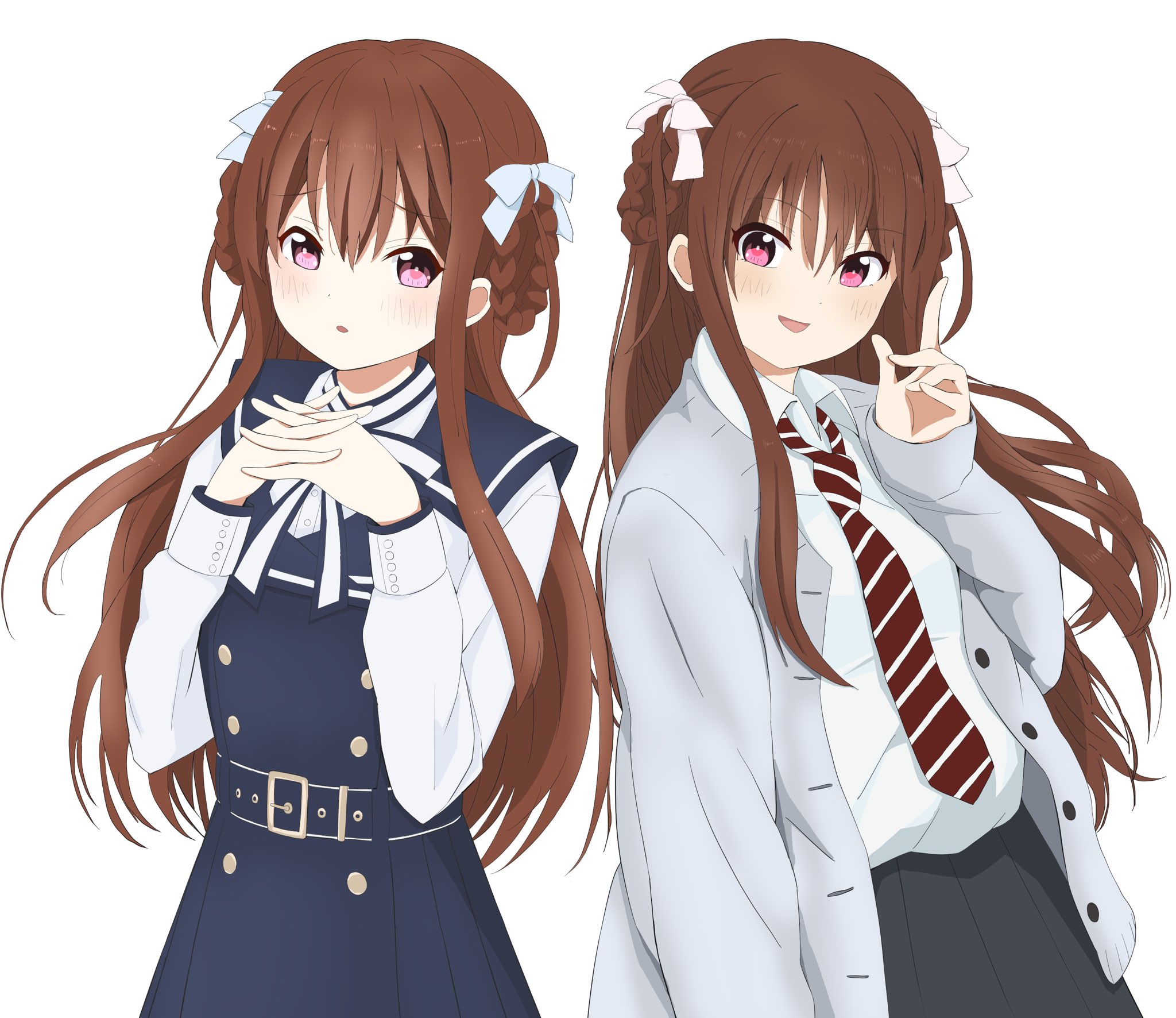 1girl 22/7 belt belt_buckle black_belt black_dress black_skirt blush bow braid braided_hair_rings brown_hair buckle buttons cardigan collared_shirt diagonal-striped_clothes diagonal-striped_necktie double-breasted dress grey_cardigan hair_bow hair_rings highres keisanchuu_new_costume long_hair long_sleeves looking_at_viewer multiple_views neck_ribbon necktie open_cardigan open_clothes open_mouth pinafore_dress pleated_dress pleated_skirt purple_eyes qualitas_ayai ribbon shirt shirt_under_dress simple_background skirt sleeveless sleeveless_dress smile standing striped_clothes tachikawa_ayaka twin_braids two_side_up white_background white_bow white_ribbon white_shirt