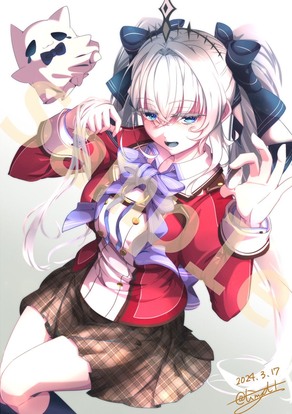 1girl :d blazer blue_eyes blue_ribbon blue_tongue brown_skirt collared_shirt colored_eyelashes colored_tongue commentary_request commission dated eiyuu_densetsu fangs ghost gloves grey_hair hair_between_eyes hair_intakes hair_ribbon highres jacket open_mouth plaid_clothes plaid_skirt red_jacket ribbon shirt sitting skeb_commission skirt smile solo spectra_libitina tears thors_military_academy_branch_campus_uniform tiara tinybiard twitter_username v&amp;u_entertainment virtual_youtuber white_gloves white_shirt zero_no_kiseki