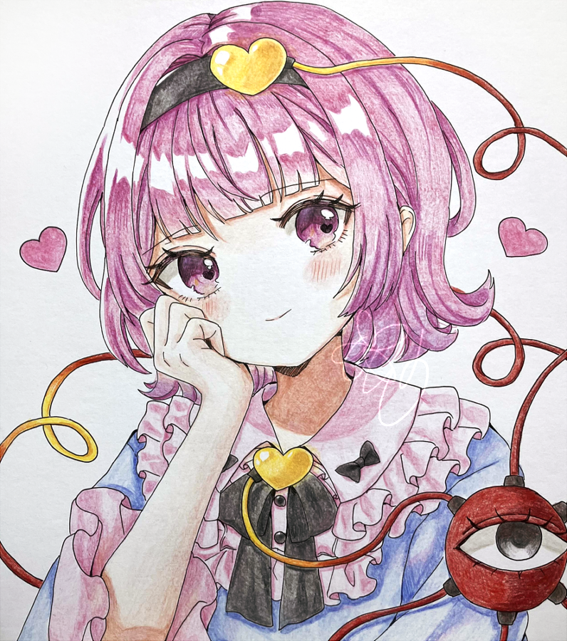 1girl black_bow black_hairband blue_shirt blunt_bangs blush bow closed_mouth commentary_request hair_ornament hairband heart heart_hair_ornament jaku_sono komeiji_satori long_sleeves looking_at_viewer pink_eyes pink_hair shikishi shirt short_hair simple_background smile solo third_eye touhou traditional_media upper_body white_background