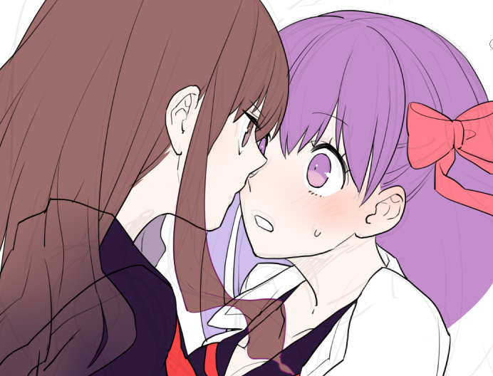 10s 2girls bad_id bad_twitter_id blush bow breasts brown_eyes brown_hair cleavage eye_contact fate/extra fate_(series) gum_(gmng) hair_bow kishinami_hakuno_(female) long_hair looking_at_another matou_sakura matou_sakura_(fate/extra) multiple_girls purple_hair ribbon sweatdrop yuri