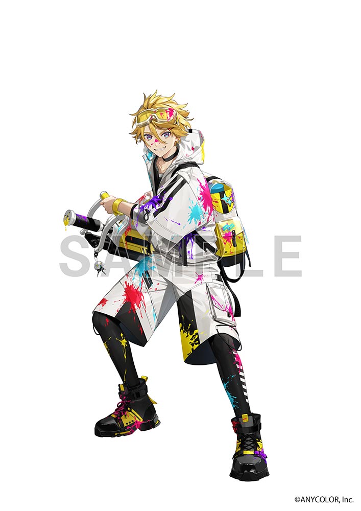 1boy backpack bag black_choker black_pants black_shirt black_shoes blonde_hair blue_eyes charm_(object) choker collarbone commentary_request company_name goggles goggles_on_head grin gun hair_between_eyes high_tops holding holding_gun holding_weapon hood hood_down hooded_jacket jacket layered_sleeves long_sleeves looking_at_viewer male_focus multicolored_eyes nijisanji nijisanji_en official_art open_clothes open_jacket paint paint_gun paint_on_clothes paint_splatter paint_splatter_on_face pants pants_under_shorts pocket purple_eyes sample_watermark shirt shoes short_hair short_over_long_sleeves short_sleeves shorts simple_background smile sneakers solo standing teeth tinted_eyewear tsuika_63no virtual_youtuber watermark weapon white_background white_jacket white_shorts wide_sleeves wristband yellow-tinted_eyewear yellow_shoes yu_q._wilson