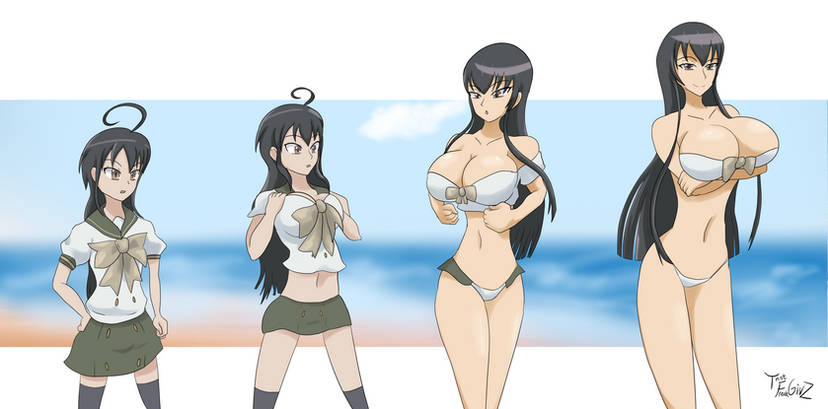 2girls age_progression bikini black_hair black_thighhighs blue_background breast_expansion breasts busujima_saeko cleavage collarbone color_halftone crossover gradient_background green_skirt highleg highschool_of_the_dead large_breasts loafers long_hair looking_at_viewer multiple_girls navel ponytail purple_eyes shakugan_no_shana shana shoes sidelocks skirt smile solo standing stomach swimsuit thatfreakgivz thighhighs thighs very_long_hair white_background white_bikini zettai_ryouiki