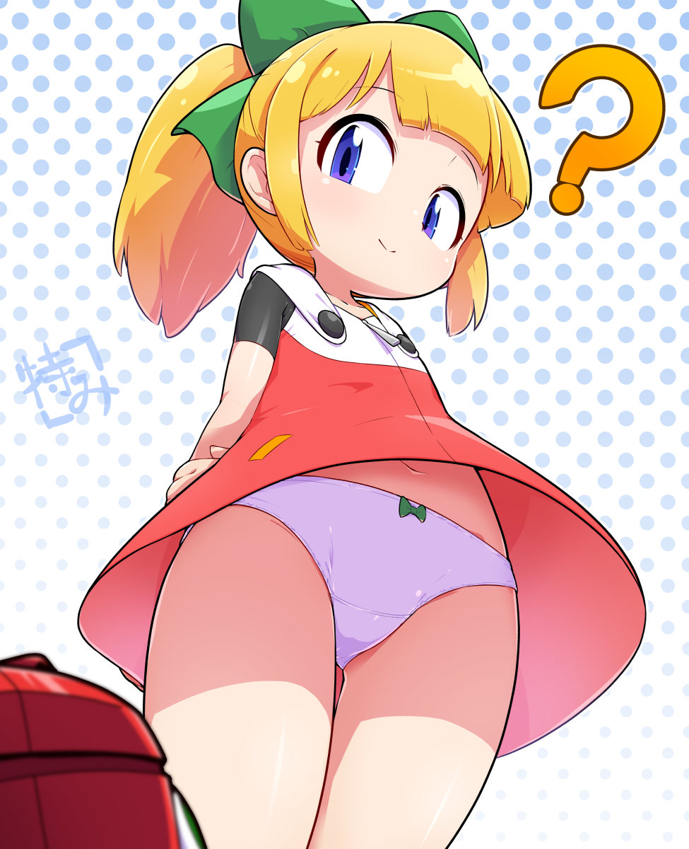 1girl ? blonde_hair blue_eyes bow bow_panties commission dress from_below green_bow hair_bow highres loli looking_at_viewer mega_man_(classic) mega_man_(series) panties pixiv_commission polka_dot polka_dot_background ponytail red_dress roll_(mega_man) short_dress smile solo tokkyuu_mikan underwear upskirt white_panties