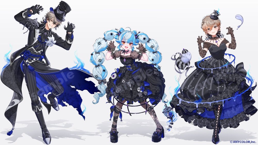 1boy 2girls :d alternate_costume ascot black_ascot black_bow black_bowtie black_choker black_dress black_footwear black_gloves black_hair black_hat black_jacket black_pants black_pantyhose black_shirt black_veil blue_dress blue_fire blue_hair blunt_bangs boots boutonniere bow bowtie braid brooch brown_eyes brown_hair burning_clothes choker claw_pose claw_ring closed_mouth collared_jacket copyright_notice crinoline crossed_bangs crown_hair_ornament cummerbund cup cup_on_head curly_sidelocks denauth dress dress_bow earrings elbow_gloves eye_hair_ornament fire floral_print flower fold-over_boots frilled_sleeves frills full_body gem ghost gloves gown grey_hair grin hair_between_eyes hair_bow hat hat_ornament hoop jacket jewelry key klara_charmwood lace lace-up_boots lace_gloves lantern layered_dress leaning_forward leg_ribbon lily_(flower) long_dress long_hair long_sleeves looking_at_viewer mary_janes medium_hair mugimugigo multicolored_hair multiple_girls nijisanji nijisanji_en off-shoulder_dress off_shoulder official_art open_mouth orange_eyes pants pantyhose pendant_choker platform_footwear puffy_short_sleeves puffy_sleeves purple_gemstone ribbon rope_belt ryoma_barrenwort sample_watermark see-through_clothes see-through_sleeves shadow shirt shoes short_hair short_sleeves smile standing standing_on_one_leg streaked_hair striped_bow striped_clothes striped_pants teacup teapot top_hat torn_clothes torn_pantyhose twin_braids twisty_amanozako two-sided_dress two-sided_fabric two-tone_hair veil vertical-striped_clothes vertical-striped_pants very_long_hair virtual_youtuber waist_cape watermark white_background white_flower white_hair white_lily