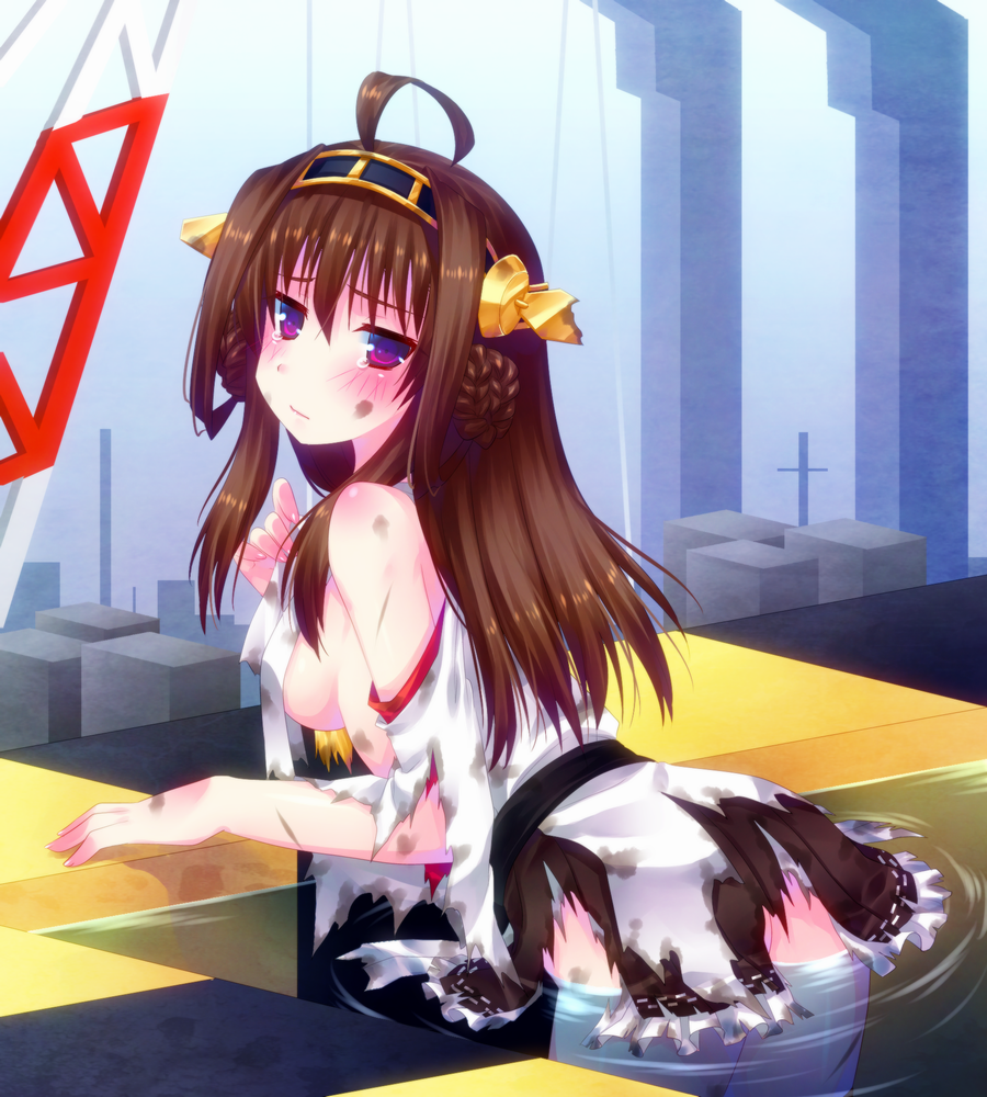 10s 1girl ahoge ass bad_id bad_pixiv_id blush breasts brown_hair detached_sleeves door_to_heaven female_focus hairband japanese_clothes kantai_collection kongou_(kancolle) long_hair looking_at_viewer no_panties nontraditional_miko purple_eyes sideboob solo tears torn_clothes