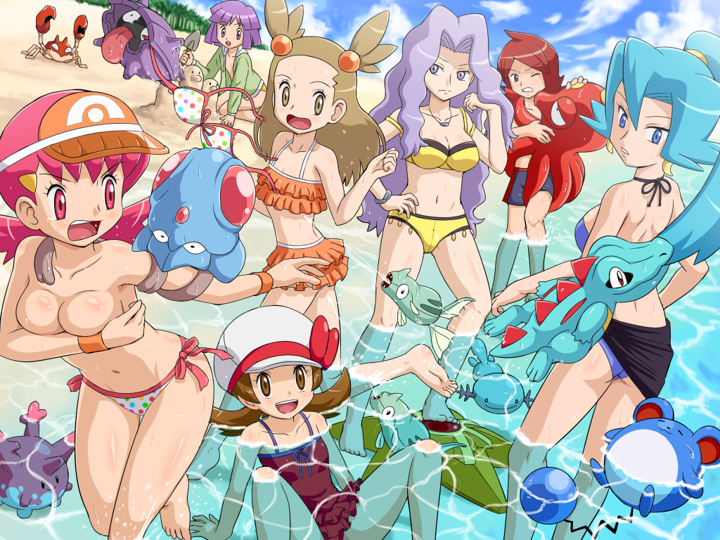 00s 2boys 5girls adjusting_clothes adjusting_swimsuit androgynous barefoot beach bikini blue_hair breast_hold breast_press breasts bugsy_(pokemon) newsboy_cap casual_one-piece_swimsuit clair_(pokemon) clothes_theft corsola covering_breasts covering_privates day dugtrio elite_four frilled_bikini frills gen_1_pokemon gen_2_pokemon gym_leader halterneck hat jasmine_(pokemon) karen_(pokemon) krabby long_hair lyra_(pokemon) marill medium_breasts multiple_boys multiple_girls navel nintendo octillery one-piece_swimsuit pink_hair pokemoa pokemon pokemon_(anime) pokemon_(creature) pokemon_hgss remoraid sand_sculpture sarong shellder side-tie_bikini_bottom silver_(pokemon) spread_legs staryu swimsuit swimsuit_theft tentacool theft topfreedom topless_female totodile trap two_side_up visor visor_cap wet whitney_(pokemon) wooper