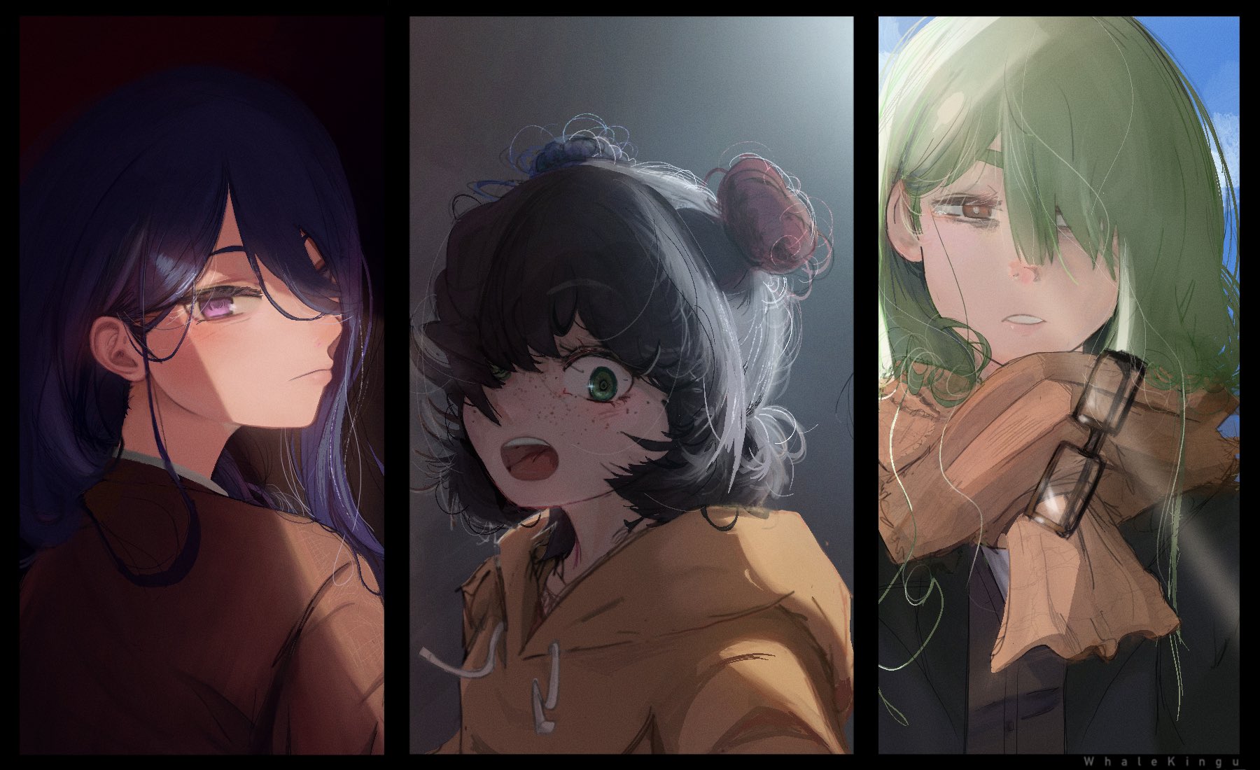 3girls bags_under_eyes black_hair blue_hair brown_eyes brown_scarf column_lineup commentary double_bun eyebrows_hidden_by_hair eyewear_hang freckles glasses green_hair hair_bun highres hood hoodie kingu_(whalekingu) lens_flare looking_back multicolored_hair multiple_girls open_mouth orange_hoodie original parted_lips purple_eyes red_hair scarf shade thick_eyebrows unworn_eyewear