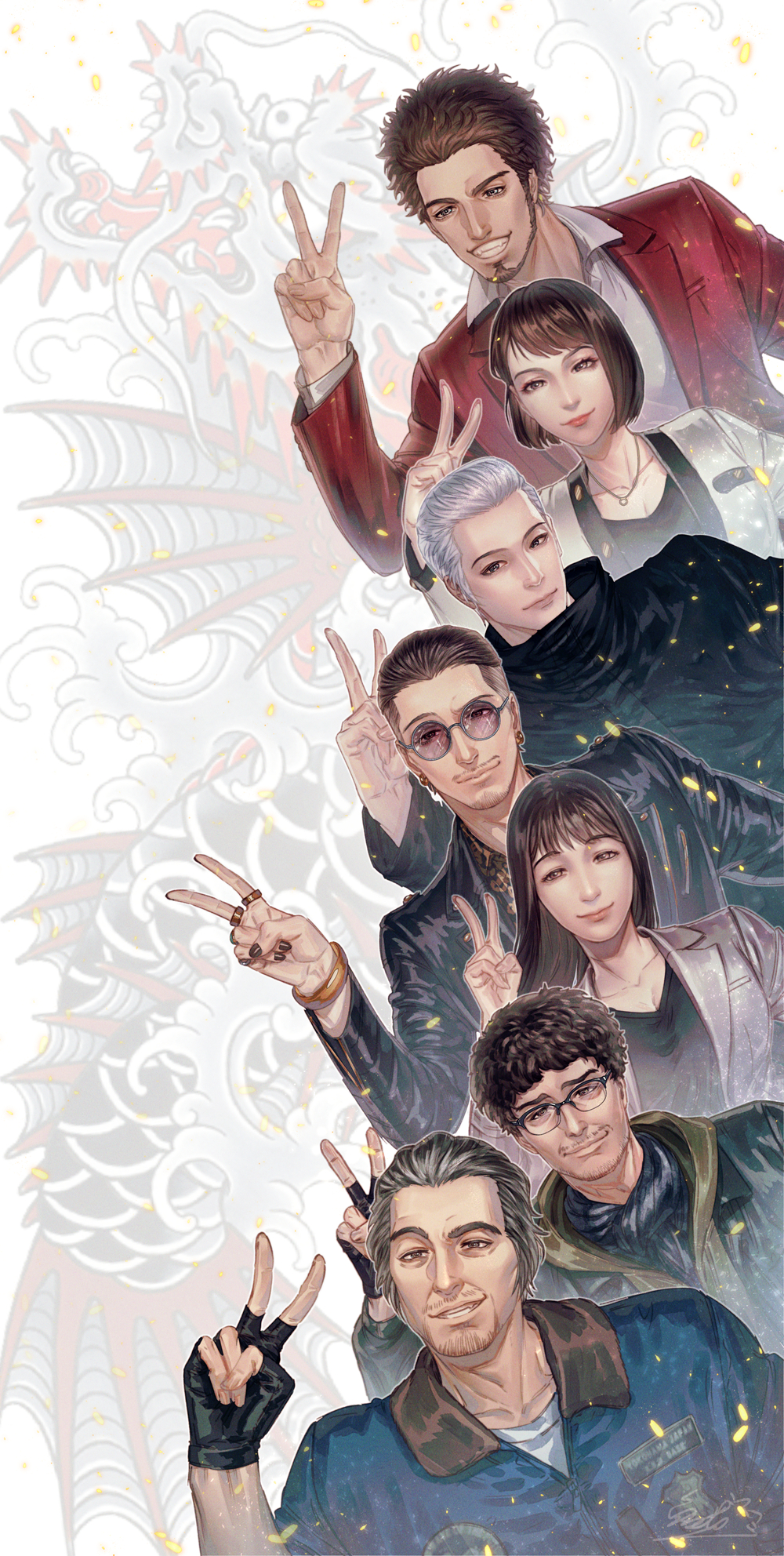 2girls 5boys adachi_koichi animal_background black_gloves black_hair black_shirt black_shorts blue_shirt dragon dragonfish everyone facial_hair fingerless_gloves floral_print gloves glowing glowing_weapon grey_jacket group_picture hair_slicked_back han_joon-gi highres jacket jiao_mao kamataki_eri kasuga_ichiban long_hair male_focus mukoda_saeko multiple_boys multiple_girls nanba_yu pants red_jacket ryuu_ga_gotoku_(series) ryuu_ga_gotoku_7 sega shirt shorts sleeves_rolled_up smile sunglasses v weapon white_background white_jacket zhao_tianyou
