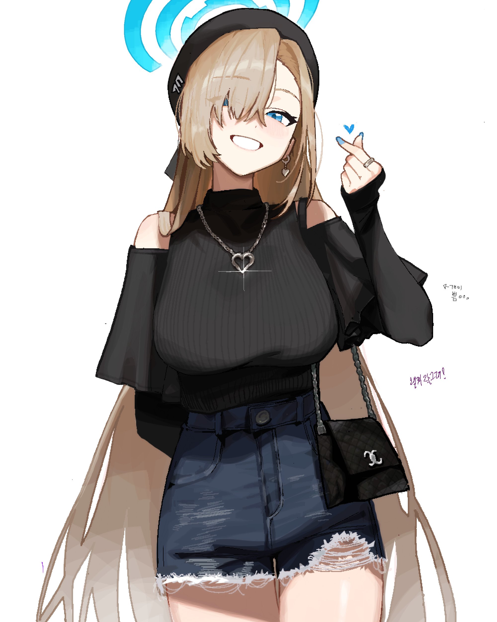 1girl absurdres anyak05 asuna_(blue_archive) bag bare_shoulders beret black_bag black_hat black_sweater blonde_hair blue_archive blue_eyes blue_halo blue_nails blue_shorts breasts clothing_cutout cowboy_shot cutoffs denim denim_shorts finger_heart grin hair_over_one_eye halo hand_up hat heart heart_necklace highres jewelry korean_text large_breasts long_hair looking_at_viewer nail_polish necklace ribbed_sweater ring short_shorts shorts shoulder_bag shoulder_cutout simple_background smile solo sweater thighs translation_request very_long_hair white_background