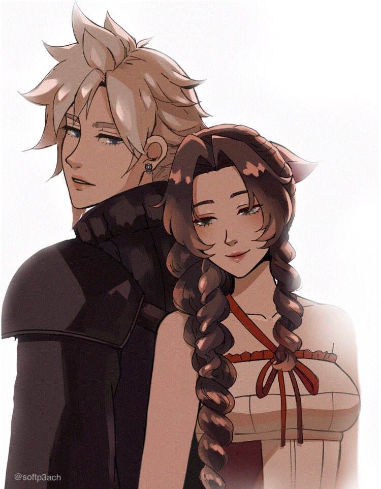 1boy 1girl aerith_gainsborough armor back-to-back bare_shoulders black_sleeves blonde_hair blue_eyes braid braided_ponytail brown_hair cloud_strife dress earrings final_fantasy final_fantasy_vii final_fantasy_vii_advent_children green_eyes hair_over_shoulder hair_ribbon half-closed_eyes halter_dress halterneck jewelry kingdom_hearts kingdom_hearts_ii official_alternate_costume parted_bangs parted_lips red_ribbon ribbon short_hair shoulder_armor sidelocks single_braid single_earring single_shoulder_pad smile softp3ach spilled_milk twitter_username upper_body