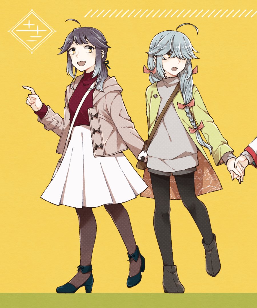 2girls ahoge alternate_costume black_footwear black_legwear black_ribbon bow braid brown_eyes brown_legwear casual coat full_body grey_hair grey_shorts hair_bow hair_over_eyes hair_ribbon hamanami_(kancolle) hayanami_(kancolle) hayanami_(valentine)_(kancolle) high_heels holding_hands jacket kantai_collection long_hair long_skirt long_sleeves looking_at_another looking_to_the_side miroku_san-ju multiple_girls pantyhose pink_bow pink_coat pleated_skirt ponytail purple_hair purple_sweater ribbon short_hair shorts sidelocks single_braid skirt sweater white_skirt yellow_eyes yellow_jacket