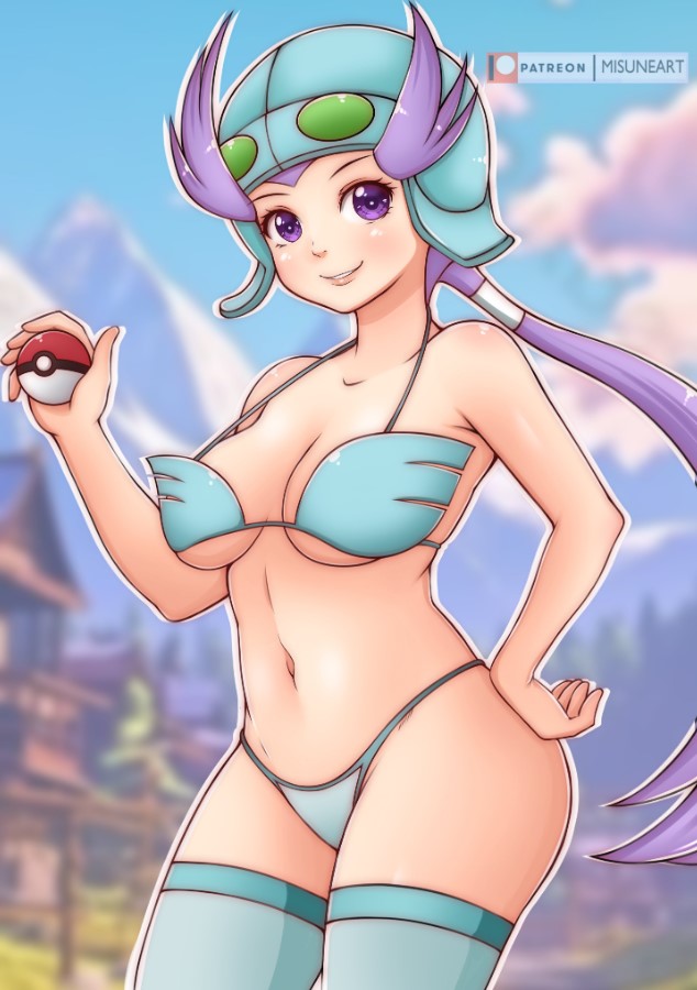 1girl bikini blue_bikini blue_helmet blue_thighhighs blush breasts building cleavage cloud collarbone grass grin hand_on_own_hip helmet holding holding_poke_ball long_hair looking_at_viewer medium_breasts misune_art navel nintendo poke_ball poke_ball_(basic) pokemon pokemon_oras ponytail purple_eyes purple_hair sky smile standing swimsuit teeth thighhighs tree underboob winona_(pokemon)