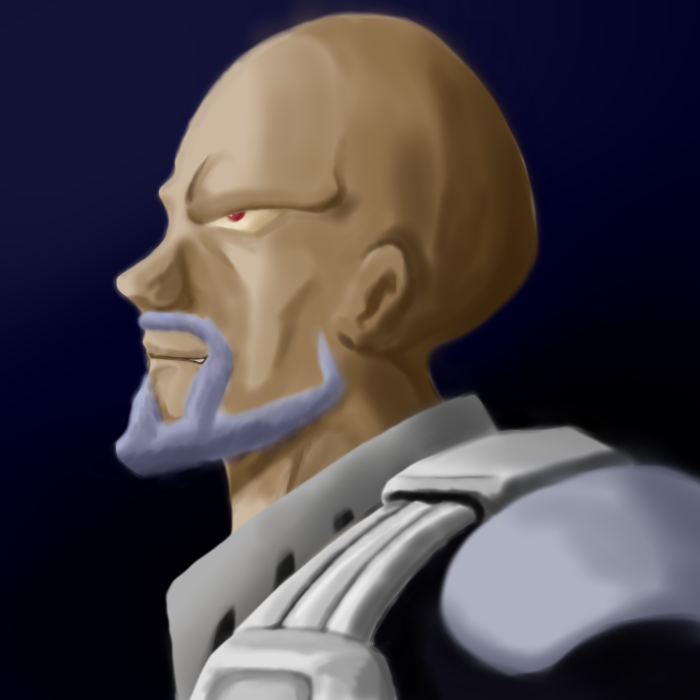 1boy bael-38 bald facial_hair kikou-kai_galient male_focus mardoul red_eyes solo