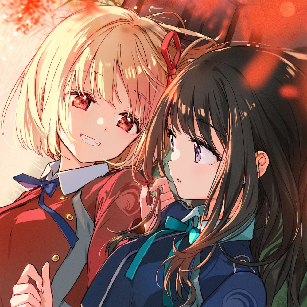 2girls black_hair blonde_hair blue_dress blue_ribbon bob_cut dress green_ribbon grey_dress hair_ribbon holding_another&#039;s_hair inoue_takina long_hair looking_at_another lycoris_recoil lycoris_uniform lying multiple_girls neck_ribbon nishikigi_chisato open_mouth purple_eyes red_dress red_eyes red_ribbon ribbon short_hair smile tiv two-tone_dress white_hair