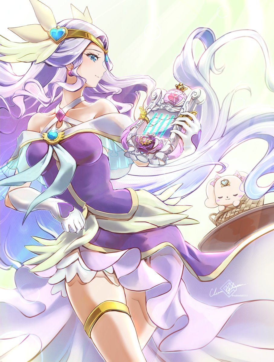 1girl animal_ears basket blue_eyes bow breasts circlet clear_glass_(mildmild1311) collarbone cure_earth dog dress ear_ribbon earrings earth_windy_harp elbow_gloves fuurin_asumi gloves hair_ornament healin&#039;_good_precure heart heart_hair_ornament highres jewelry latte_(precure) long_hair magical_girl medium_breasts pom_pom_(clothes) pom_pom_earrings precure purple_dress purple_hair signature sleeping smile thighlet tiara very_long_hair white_gloves