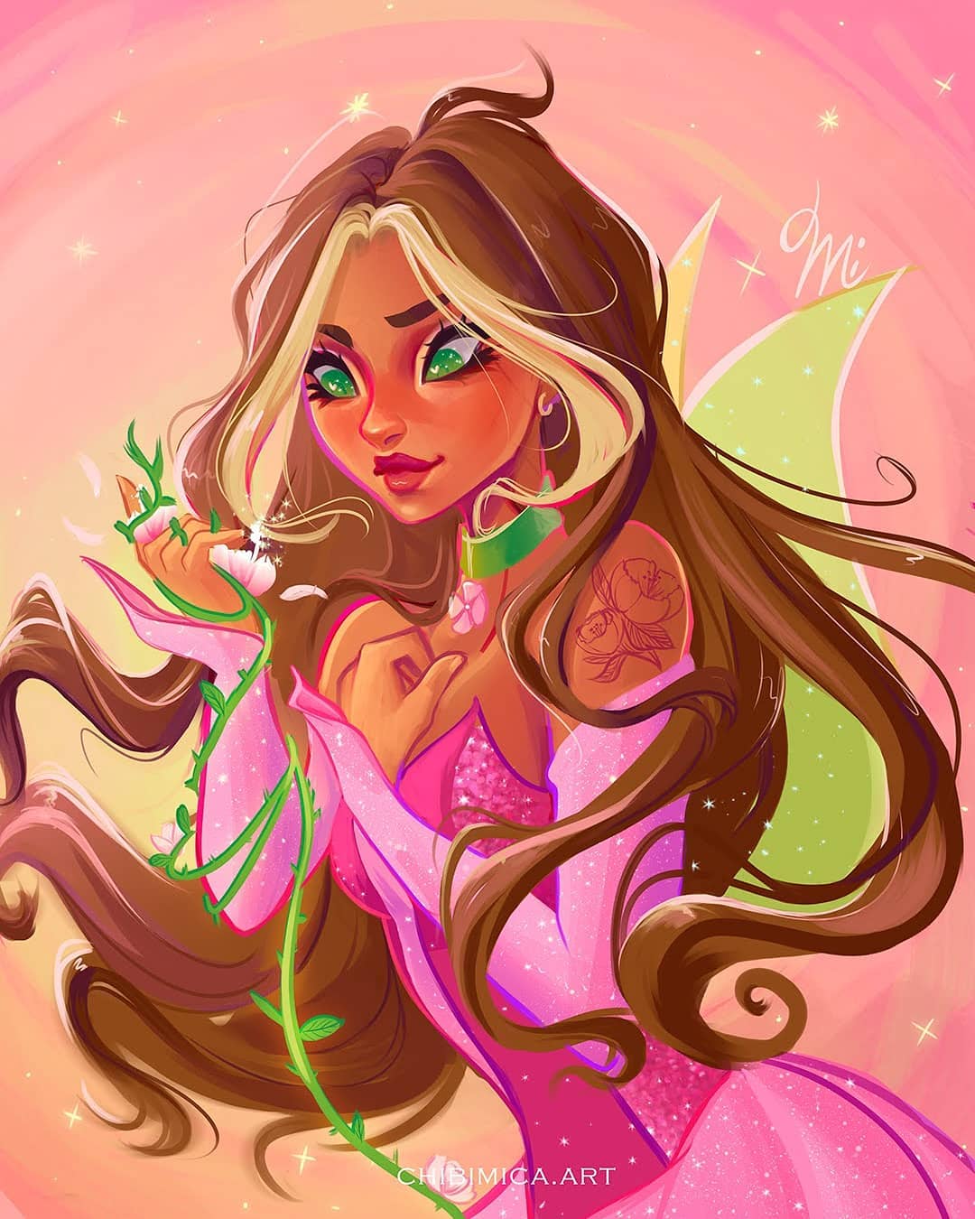 1girl artist_name bare_shoulders blonde_hair breasts brown_hair chibimica choker cleavage closed_mouth collarbone commentary cowboy_shot dark-skinned_female dark_skin dress earrings english_commentary eyelashes fairy fairy_wings flora_(winx_club) flower_choker flower_tattoo glitter gold_earrings green_choker green_eyes green_wings hand_on_own_chest happy heart heart_in_eye highres hoop_earrings jewelry light_blush light_particles lipstick long_hair looking_at_flowers magical_girl makeup multicolored_hair pink_arm_warmers pink_background pink_dress pink_nails pleated_dress red_lips short_dress shoulder_tattoo signature smile solo sparkle standing strapless strapless_dress streaked_hair symbol_in_eye tattoo thick_eyebrows two-tone_hair very_long_hair wings winx_club