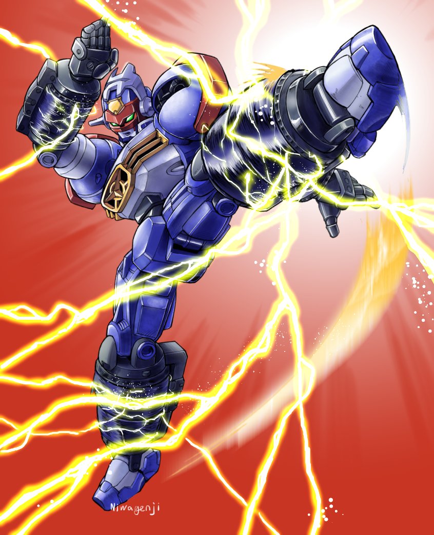 airborne artist_name dendou electricity gear_senshi_dendou kicking mecha moukin_punch no_humans open_hands red_background robot science_fiction solo