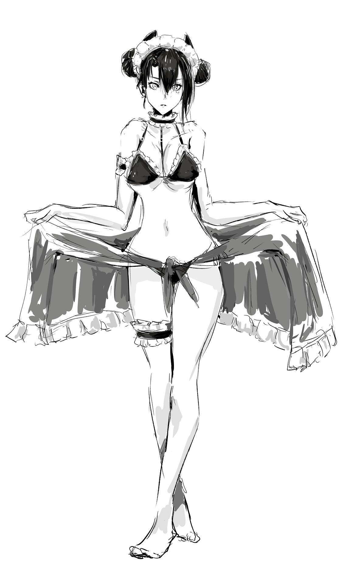 1girl agent_(girls'_frontline) alternate_costume armband bikini bikini_day black_bikini black_hair breasts chika_(keiin) choker cleavage clothes_lift commentary_request curtsey deadpan double_bun earrings eyelashes frilled_armband frilled_choker frilled_skirt frilled_thigh_strap frills full_body girls'_frontline hair_between_eyes hair_bun highres horns jewelry legs looking_at_viewer maid maid_bikini maid_headdress monochrome navel parted_lips partial_commentary pose_imitation sangvis_ferri sidelocks simple_background single_earring single_sidelock sketch skirt skirt_lift solo swimsuit thigh_strap unconventional_maid underboob white_background