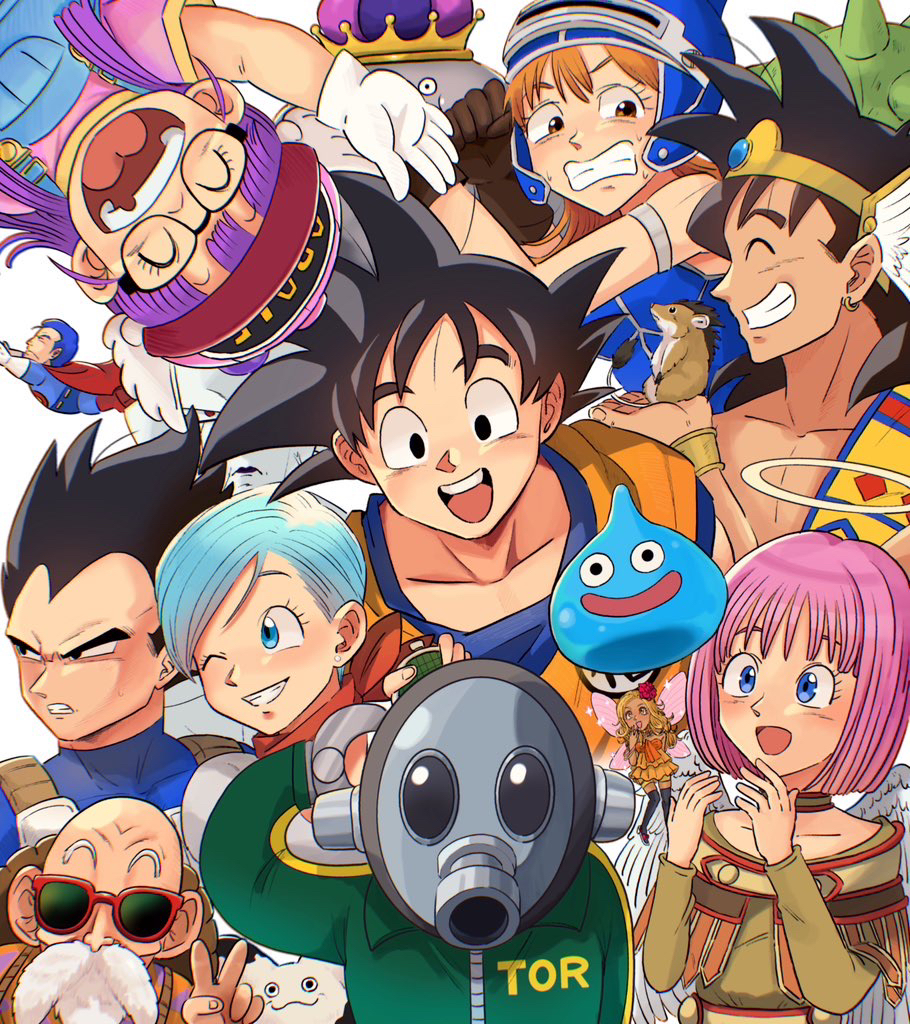 5girls 6+boys :d ;) abel_(dq) angel_wings animal animal_on_shoulder bald black_hair blue_eyes brown_gloves bulma cape clenched_teeth daisy_(dq) dr._slump dragon_ball dragon_ball_(classic) dragon_quest dragon_quest_ix dragon_quest_viii dragon_quest_yuusha_abel_densetsu dragon_radar fairy final_form_frieza frieza glasses gloves halo hat heroine_(dq9) metal_king teeny_sanguini multiple_boys multiple_girls munchie_(dq8) muten_roushi norimaki_arale old old_man one_eye_closed open_mouth purple_hair red-framed_eyewear red_cape sandy_(dq9) slime_(dragon_quest) smile son_goku sunglasses suppaman teeth toriyama_akira_(character) under_etchan vegeta white_gloves wings