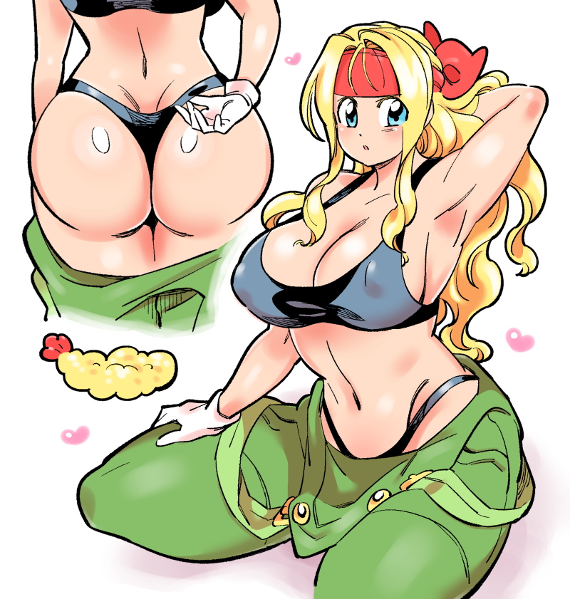 1girl alex_(street_fighter) arm_up ass bandana bare_shoulders doboshiru female_focus genderswap genderswap_(mtf) gloves green_eyes groin long_hair muscular muscular_female navel nipples overalls_removed solo street_fighter tank_top thong wavy_hair