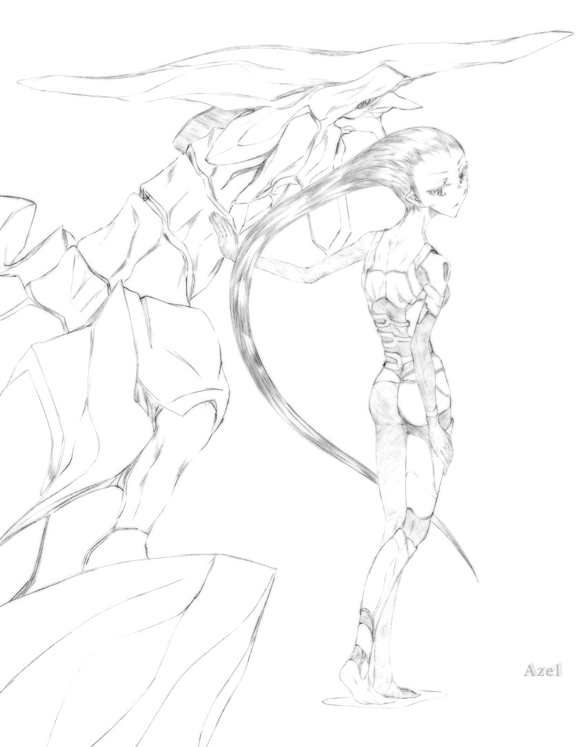 1girl ass azel_(panzer_dragoon) bodysuit dragon from_behind graphite_(medium) greyscale horns long_hair monochrome panzer_dragoon panzer_dragoon_saga sega single_horn traditional_media